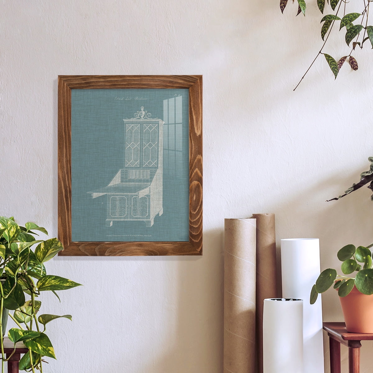 Hepplewhite Desk & Bookcase IV - Framed Print w/glass - Walnut