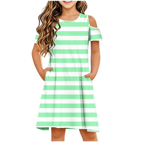 HBGVBA Girl's Cold Shoulder Casual Color,Summer Stripe Color Sundress,3-14 Years Striped Off-the-Shoulder Crew Neck Waist Cinched Dress with Pockets