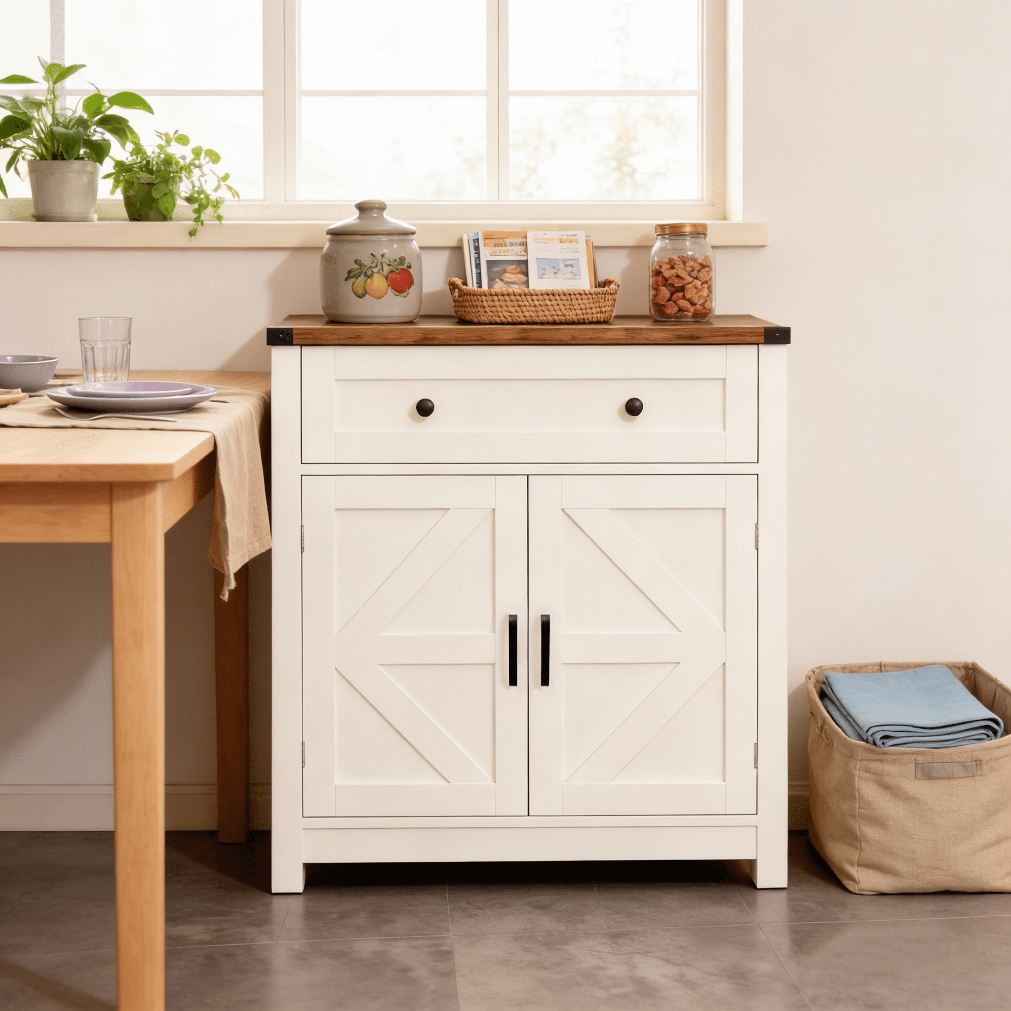 Mintazer Farmhouse Sideboard Cabinet with Barn Doors & Drawer, Rustic Storage Cabinet for Kitchen & Living Room, White