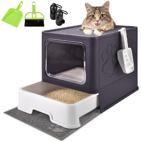 Cat Litter Box with Litter Mat and Scoop, Large Foldable Litter Box with Lids, Free in& Out Covered Kitty Litter Box, Odor Control Enclosed Litter Box, Anti- Splashing Easy Clean,Dark Purple