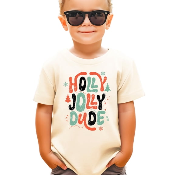 Holly Jolly Dude Shirt for Boys Festive Christmas Graphic Tee for Kids Natural Shirt Youth Large