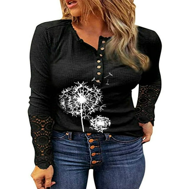 Womens Henley T Shirts Casual Lace Long Sleeve Patchwork Button Down Ribbed Slim Fit Tops Blue L