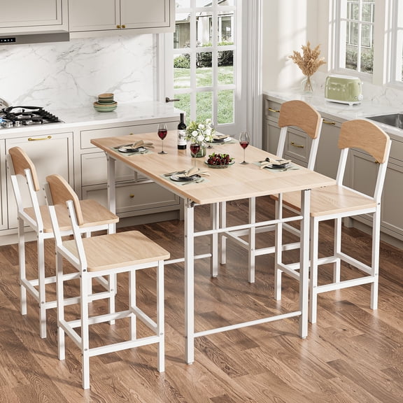 Dining Table Set for 4, PAPROOS 5 Piece Dining Set with Chairs, Counter Height Drop Leaf Dinner Table and 4 Stools for Kitchen Dining Room Breakfast Nook, Natural & White