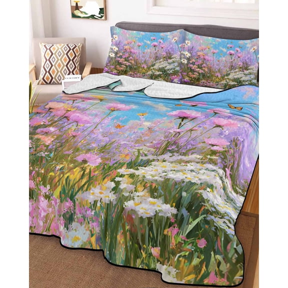 Wildflowers Twin Size Down Alternative Comforter, Lightweight Comforter Quilt Bedding Set with Pillow Shams Spring Country Oil Painting Floral Plant All Seasons Bed Comforter Duvet Insert 68"x86"