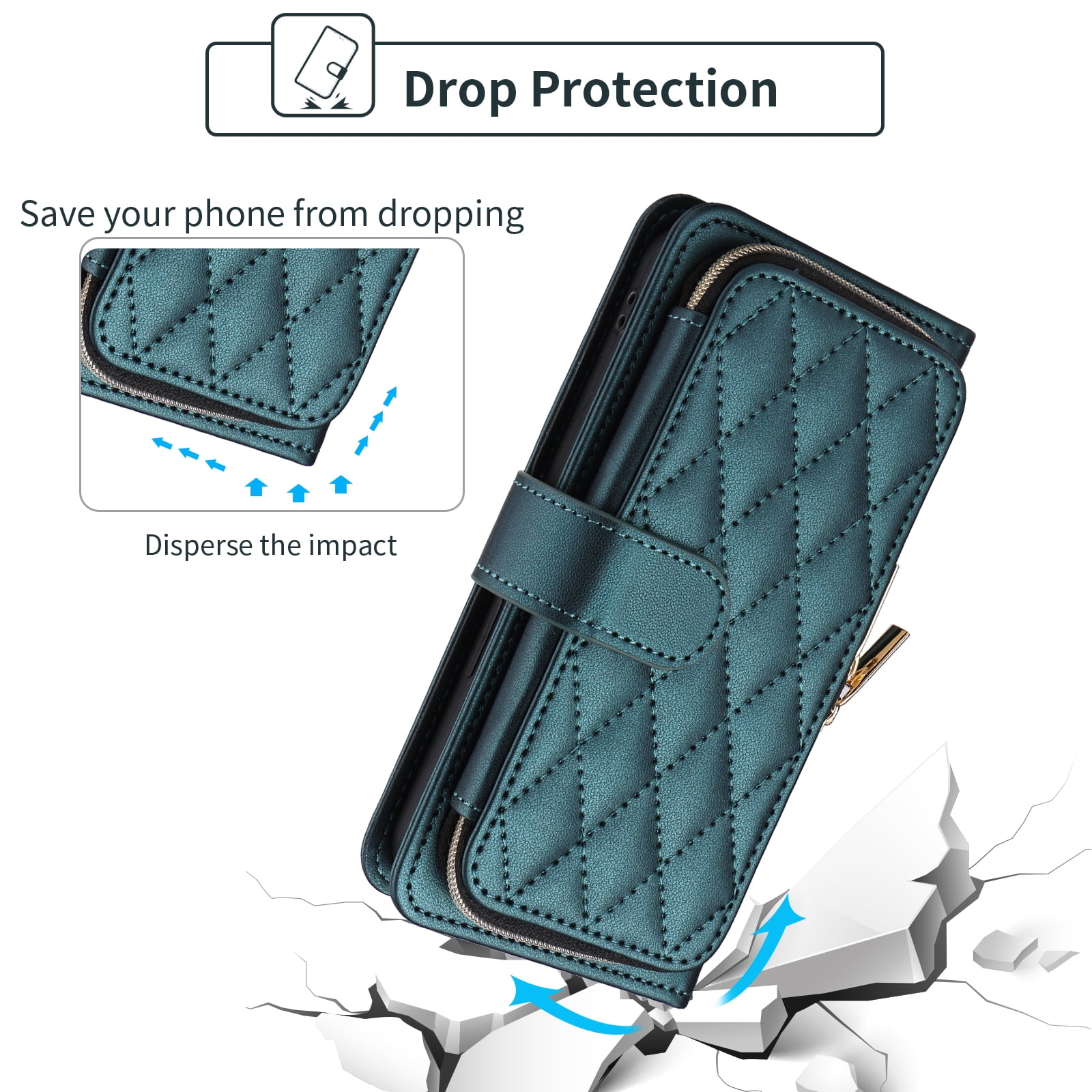 Furiet Argyle Wallet Case for Samsung Galaxy Z Fold 6 5G 2024 with Wrist/Shoulder Strap Card Slot Zipper Purse Luxury PU Leather Stand Cell Phone Cover for ZFold6 Z6 G Fold6 6Z Girls Green