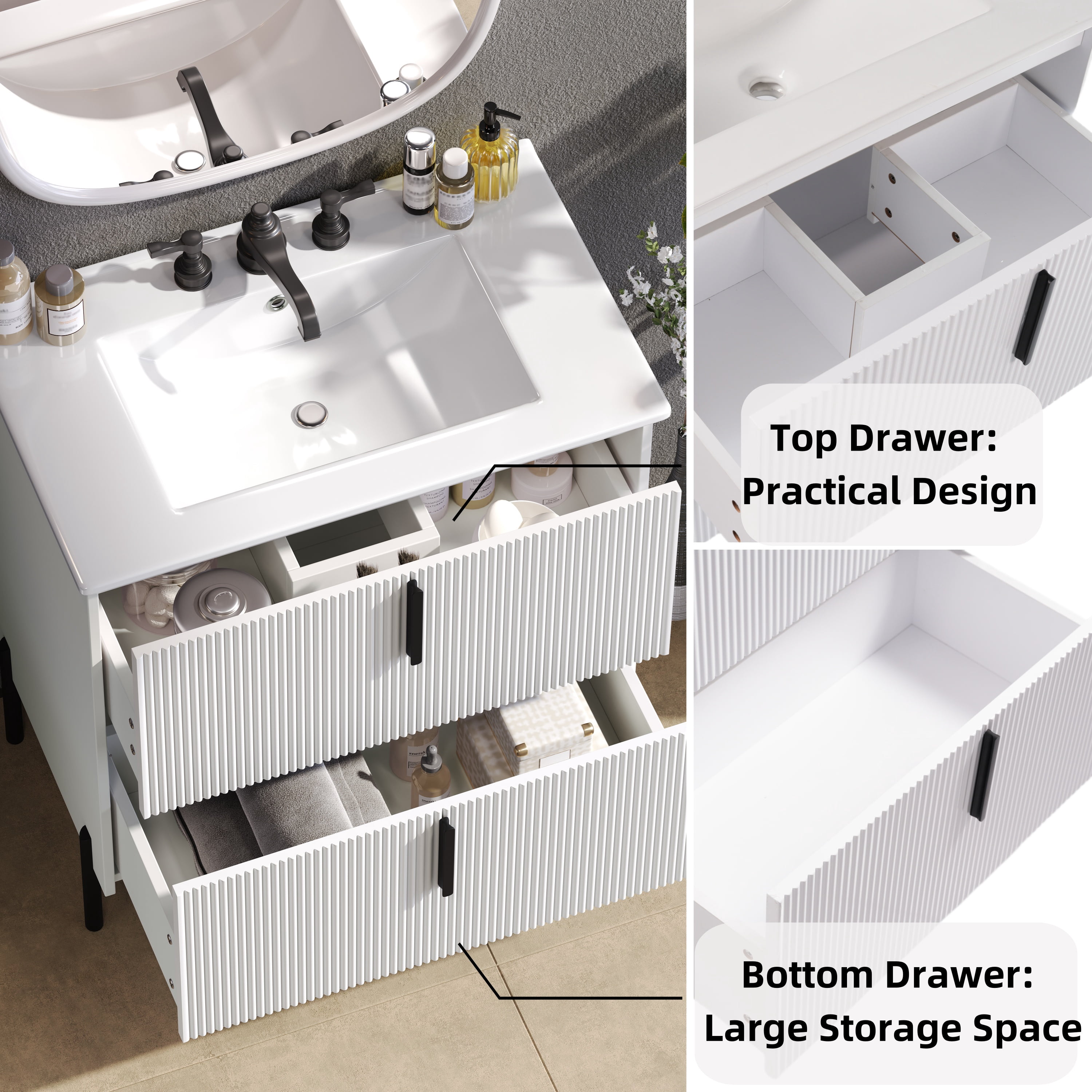 Euroco 30" Bathroom Vanity with Ceramic Sink and Full-Extension Drawers, Soft Close Undermount Drawer Slides, Fluted Design, White