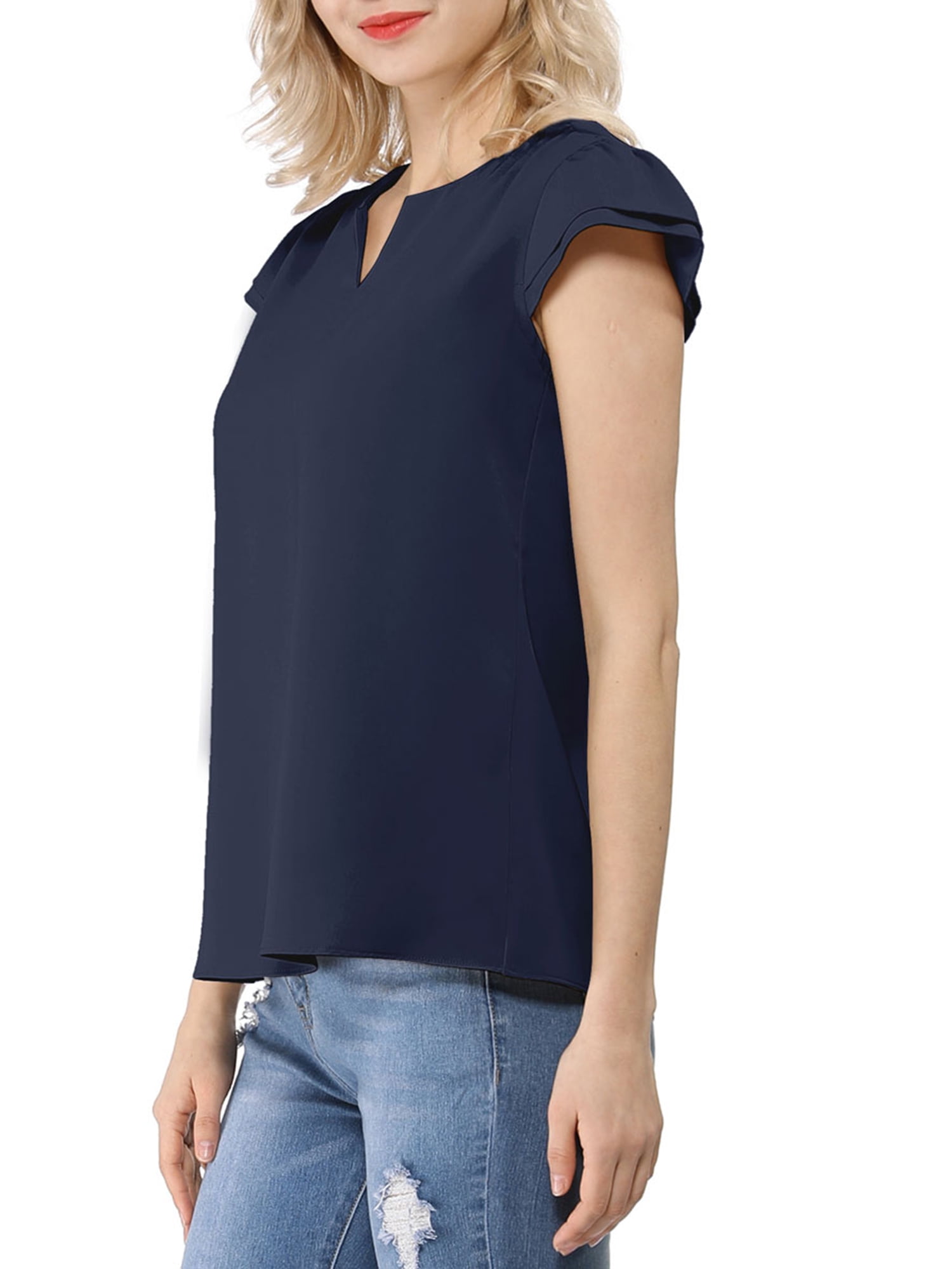 DARING DIVA Women's V Neck Casual Solid Cap Blouse Top S Dark Blue