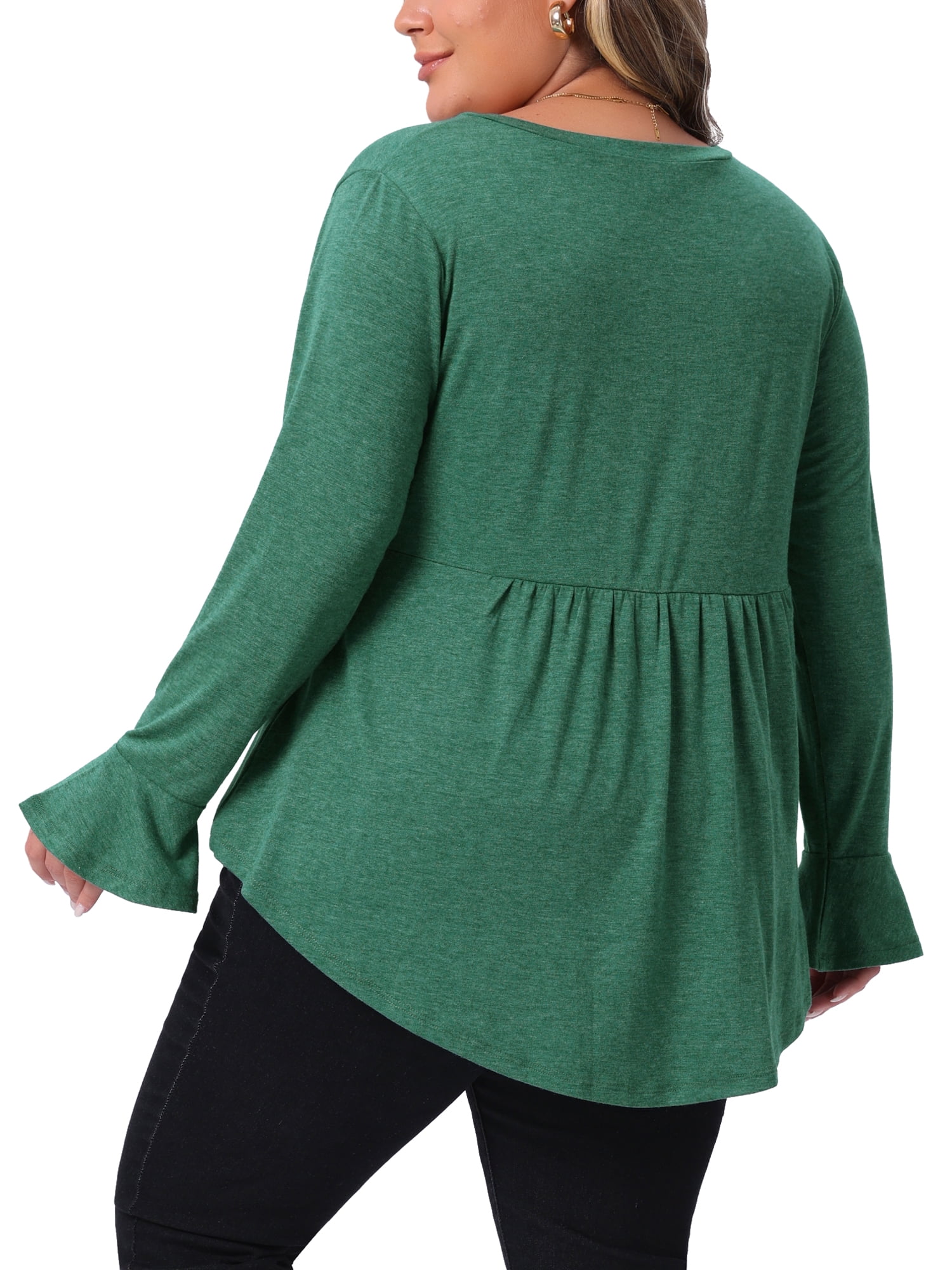 Women's Plus Long Sleeve Shirts Flared Sleeves Pullover Dressy Casual Peplum Tops 1X Green