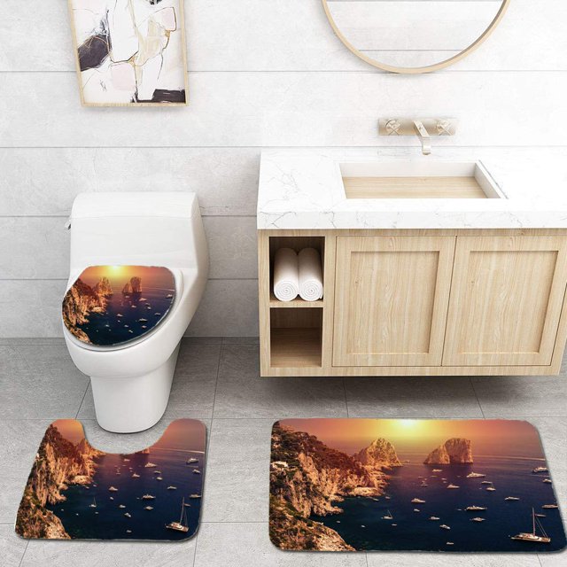 ABPHQTO Faraglioni Capri Island en la luz del amanecer Juego de alfombras de baño de 3 piezas Alfombra de baño Alfombra de contorno y tapa de inodoro ABPHQTO Cont-CHAPPLE-12141