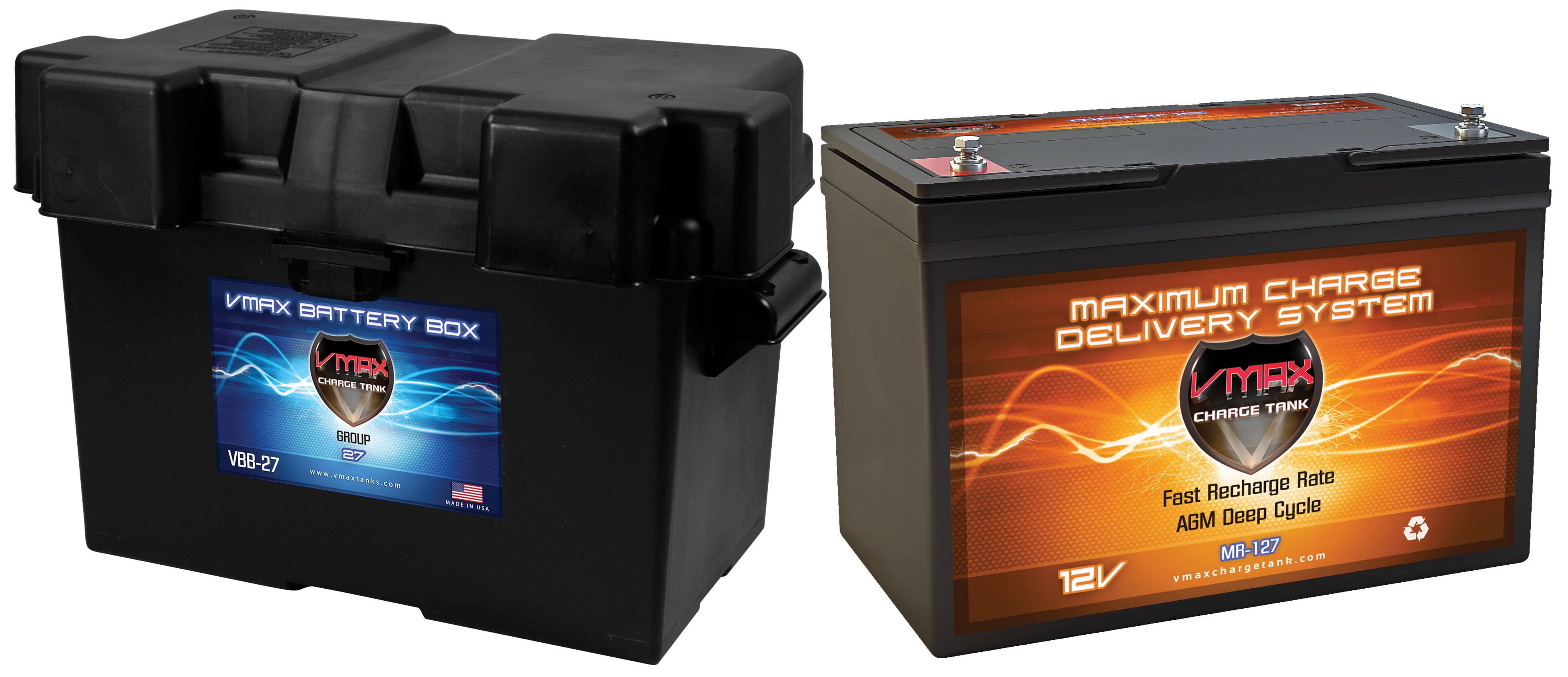 VMAX MR127-100 + Marine Box Deep Cycle Battery Replaces SEARS 96410 12 Volt 100Ah AGM Group 27