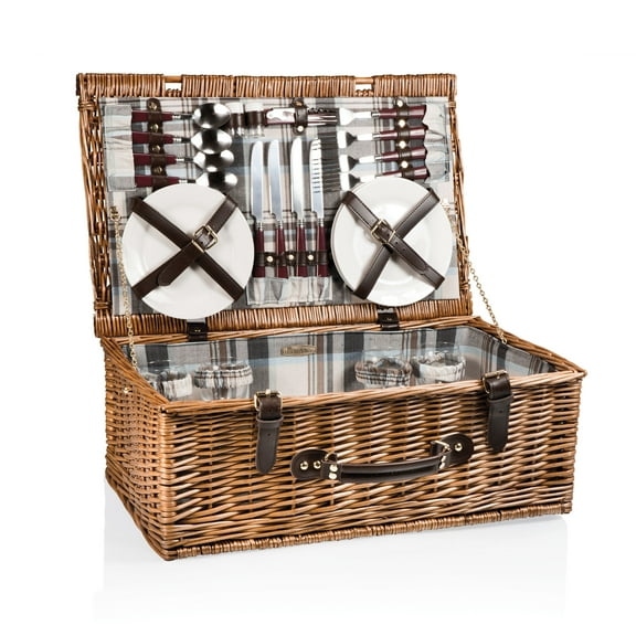 Picnic Time Newbury Picnic Basket for 4, Navy Blue & Burgundy Plaid Pattern