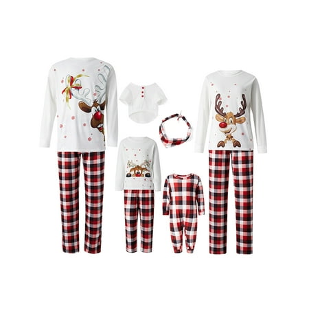 

JYYYBF Dad Mom Kids Baby Family Christmas Pajamas Elk Plaid Print Xmas Nightwear Pjs Set White Dog XL