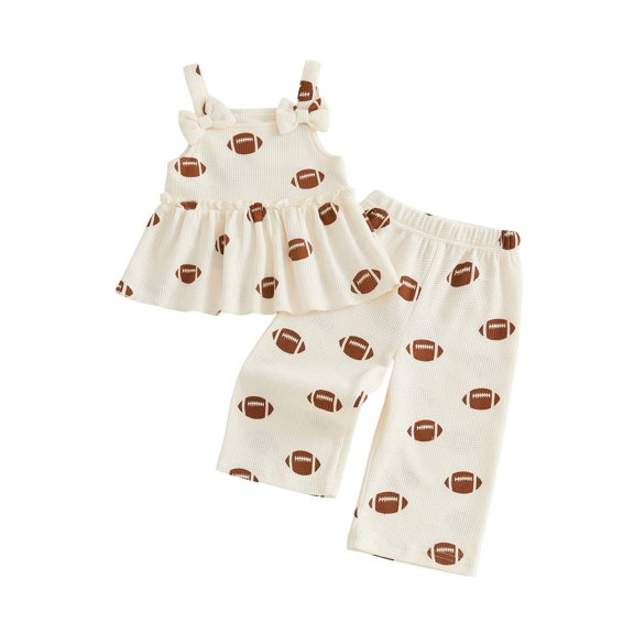 Cenuakty Toddler Girl Summer Outfits Rugby Print Bowknot Waffle Sleeveless Cami Tops and Elastic Waist Pants 2Pcs Clothes Set
