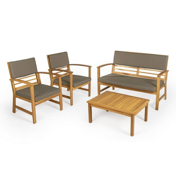Barclay 4-Piece Modern Coastal Acacia Wood Conversation Outdoor Patio Set with Cushions, Dark Gray/Teak Brown