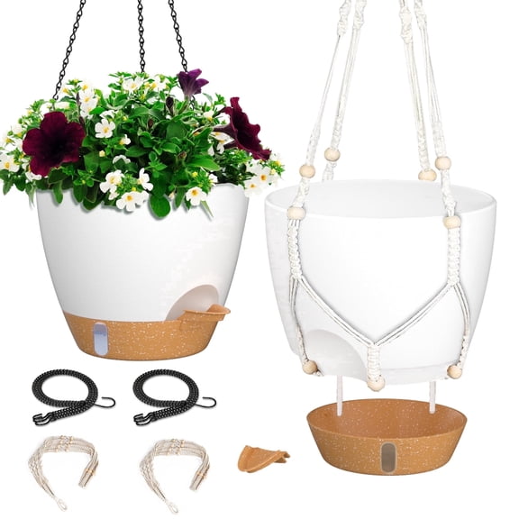 FIASON 2 Pack 10 Inch White Self-Watering Hanging Planters, Indoor Outdoor Flower Pots with Visual Reservoir, Drainage Holes & 2 Types of Plant Hangers for Garden Home Decor
