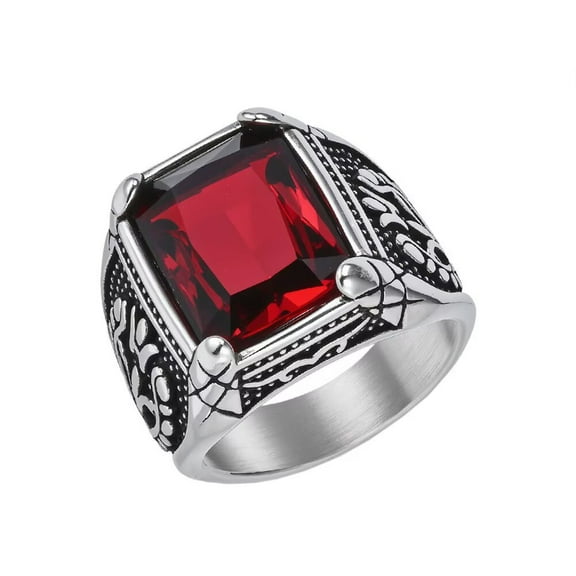 HIJONES Men's Stainless Steel Gothic Multicoloured Crystal Gemstone Tulip Engraved Chunky Biker Ring Punk Finger Jewelry Silver Red Stone Size 10