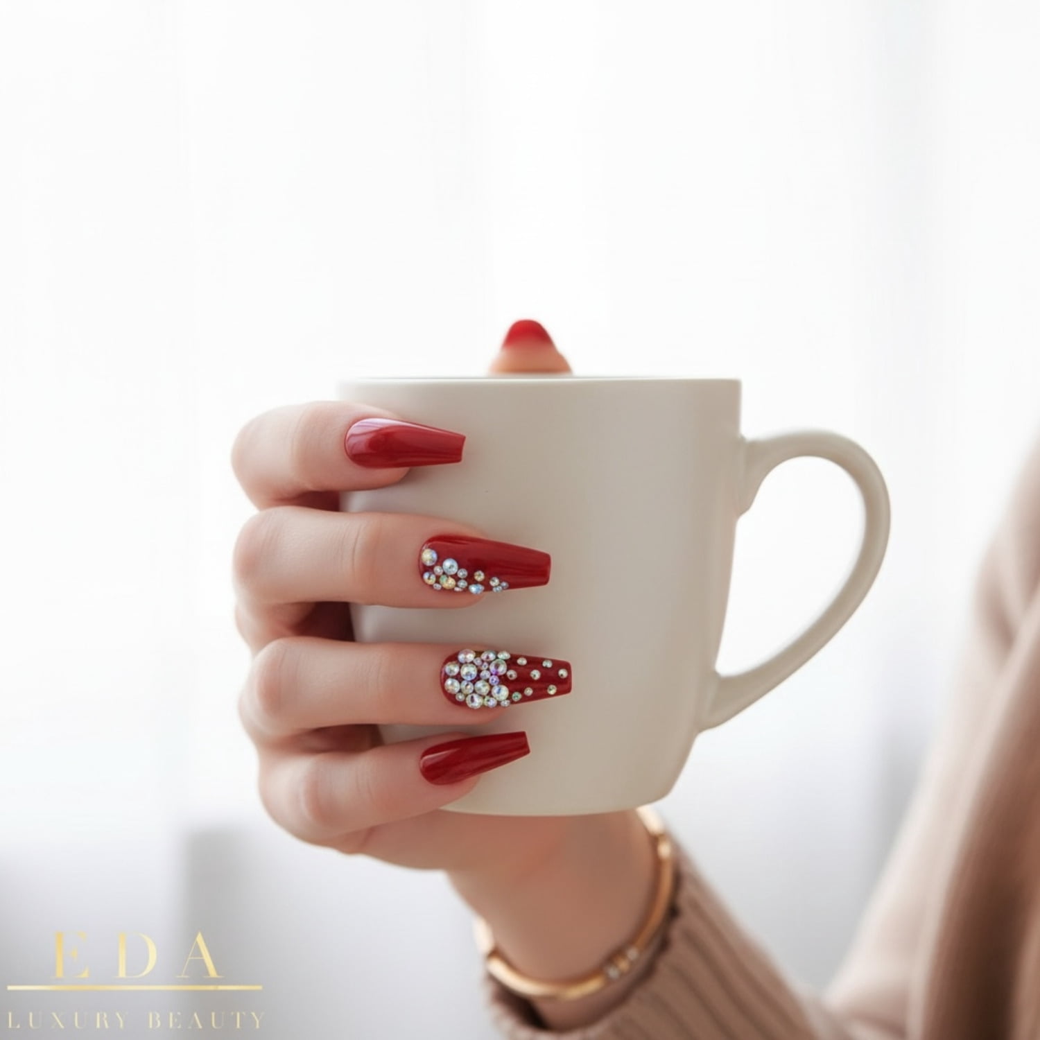 Red 3D Crystal Press On Nails, Love Queen, Extra Long Coffin Ballerina Rhinestones Fake Nails Set