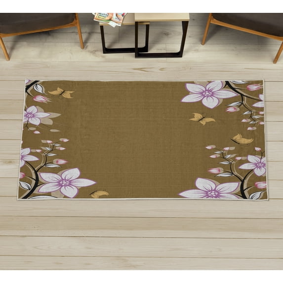 Floral Decorative Rug, Spring Flowers Leaves Branches Buds Butterflies Frame Like Abstract Art Pattern, Quality Carpet for Bedroom Dorm and Living Room, 6 Sizes, Dark Khaki, by Ambesonne
