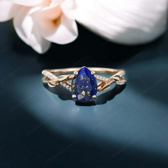 SHREENATHJEWELRY 7X5MM / 1.5CT Pear Cut Lapis Lazuli Engagement Ring CZ Diamond Alternative Fine Jewelry Rose Gold Plated Gift Ring