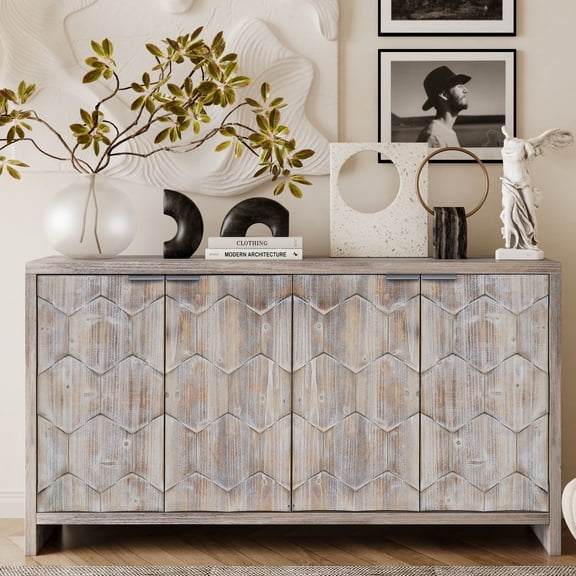 4-Door Wooden Storage Cabinet | Ideal for Living Room, Office, and Dining Room | Made of High-Quality MDF and Fir Wood | Solves Clutter with Adjustable Shelves