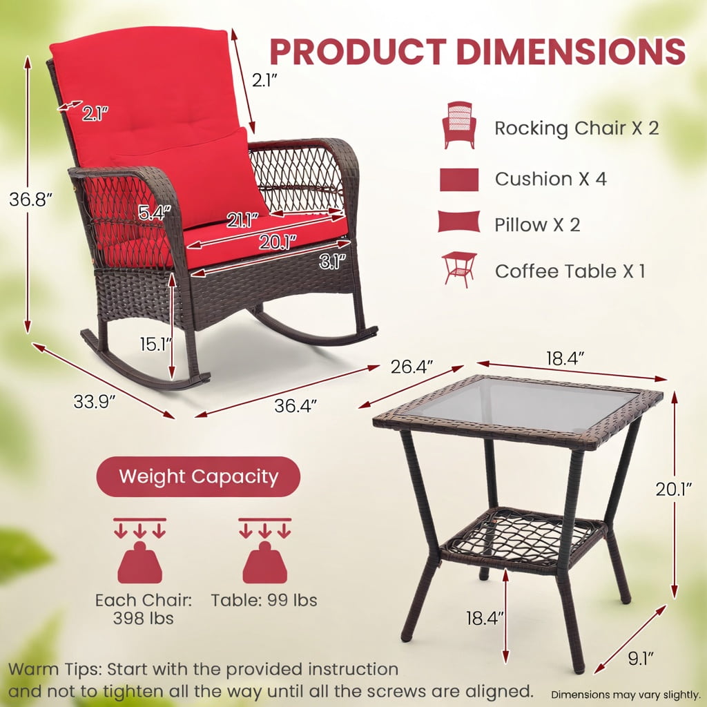 Hommoo 3-Piece Rocking Bistro Set with 2-Tier Tempered Glass Coffee Table, PE Rattan Outdoor Chairs, Red
