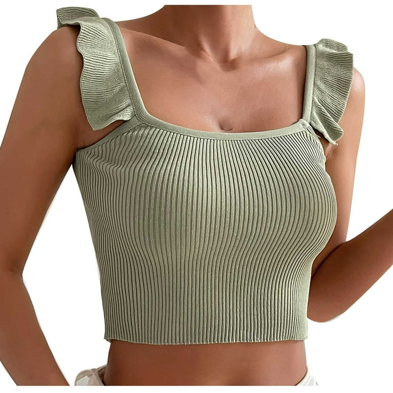RYRJJ Cute Crop Tops for Women Tank Tops Ribbed Knit Ruffle