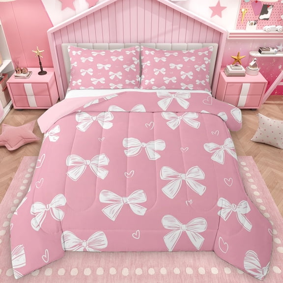 Manfei Cute Graffiti Bowknot Full Size Comforter Sets, Kawaii Love Heart Bedding Comforter Set, Teens Kids Girls Women Reversible Bedding Sets, Luxury Bedroom Decor, 3-Piece