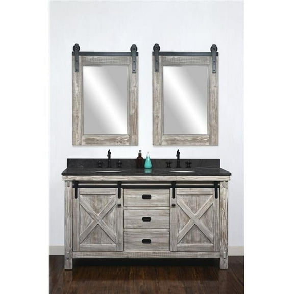 InFurniture WK8560-W-WK TOP 60 in. Rustic Solid Fir Barn Door Style Double Sinks Vanity in White Wash with Limestone Top & Oval Sink - No Faucet - 61 x 34.6 x 22 in.