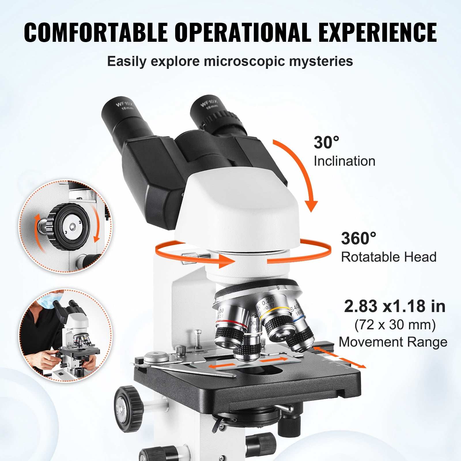 KFFKFF Dual-View Compound Microscope, Magnification Range 40X-2500X, LED-Lit Laboratory Microscope with Dual Layer Stage, Comes with Smartphone Mount & Slide Set