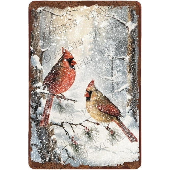 Winter Cardinal Red Birds Vintage Aluminum Sign Branches Berry Snow Metal Sign, Christmas Holiday Seasonal Wall Decoration 12"x8"