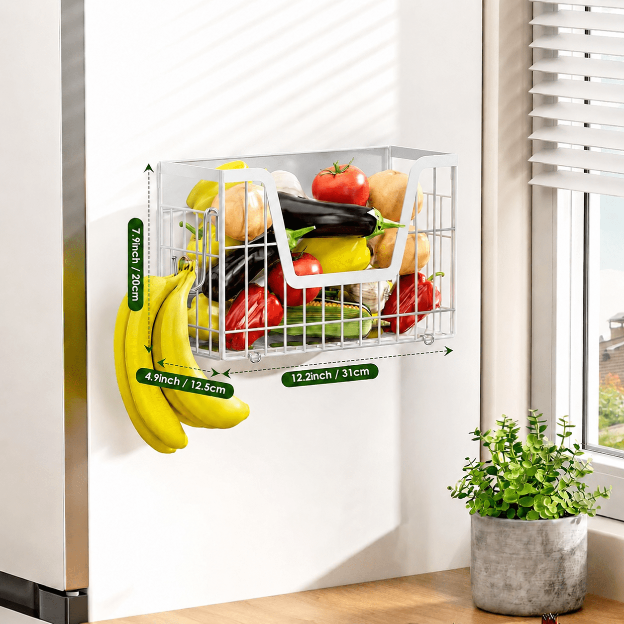 White Magnetic Shelf for Fridge, Fruit Potato and Onion Storage Bins, Magnetic Spice Rack Shelves for Side of Refrigerator, Fruit Basket Magnetic Fridge Shelf Kitchen Pantry Storage Organizer