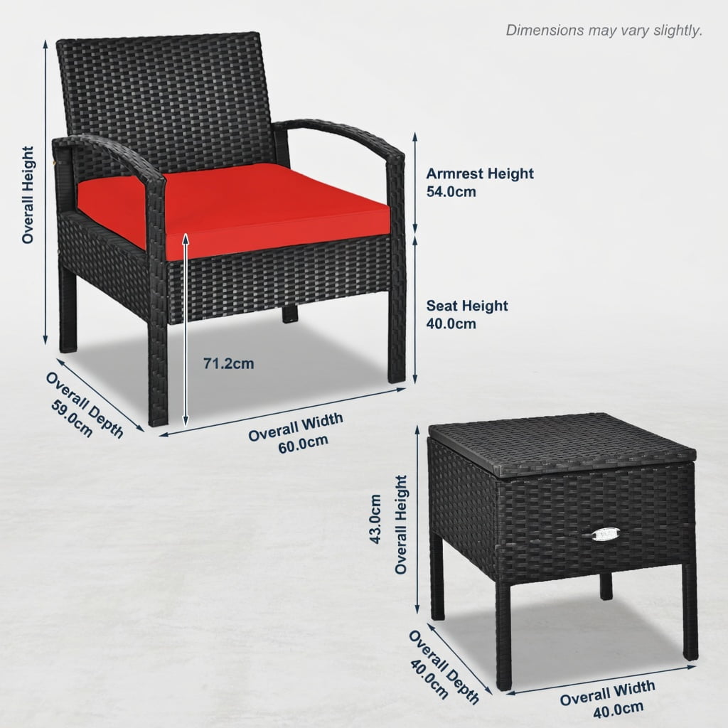 Hommoo 3-Piece Outdoor PE Rattan Patio Sofa Set with Washable Removable Cushions, for Backyard, Balcony, Poolside, Red