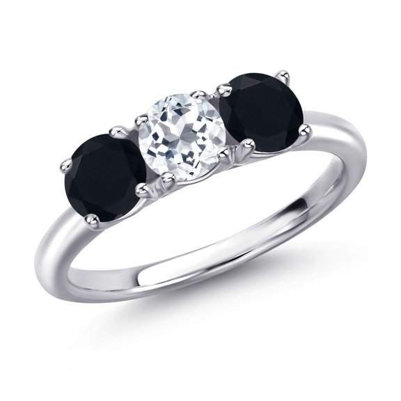Gem Stone King 925 Sterling Silver White Topaz and Black Onyx Engagement Ring for Women | 1.55 Cttw | Round 5MM | Gemstone November Birthstone | Size 7