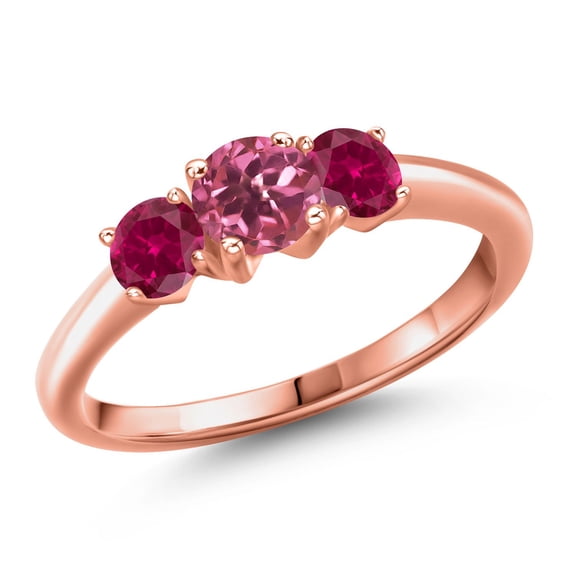 Gem Stone King 18K Rose Gold Plated Silver Pink Tourmaline and Red Created Ruby Engagement Ring for Women | 1.02 Cttw | Round 5MM | Gemstone October Birthstone | Size 5