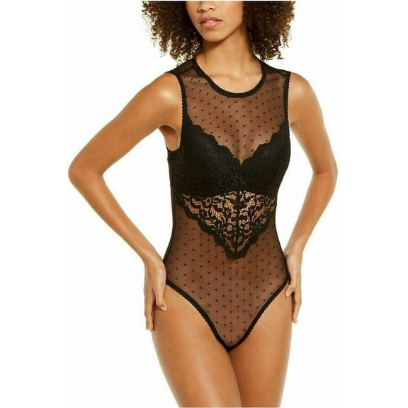 INC International Concepts Cupped Swiss Dot Thong Bodysuit, Black, XX-Large