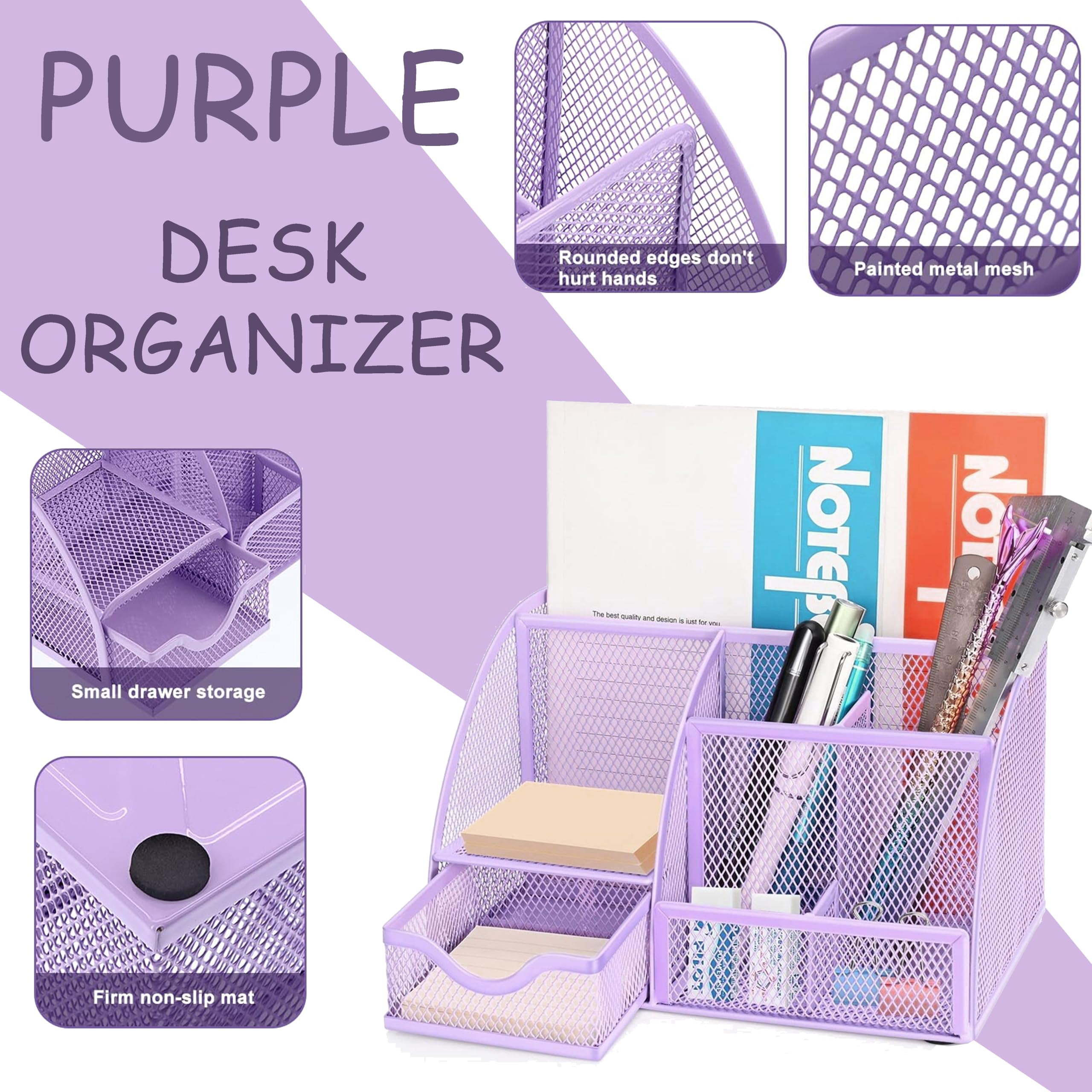 Purple Office Desk Accessories Supplies  12pcs Organizers And With Tape Dispenser Stapler Staples Staple Remover Pen Holder Scissor Ruler Sticky Tabs Ballpoint Clips Set