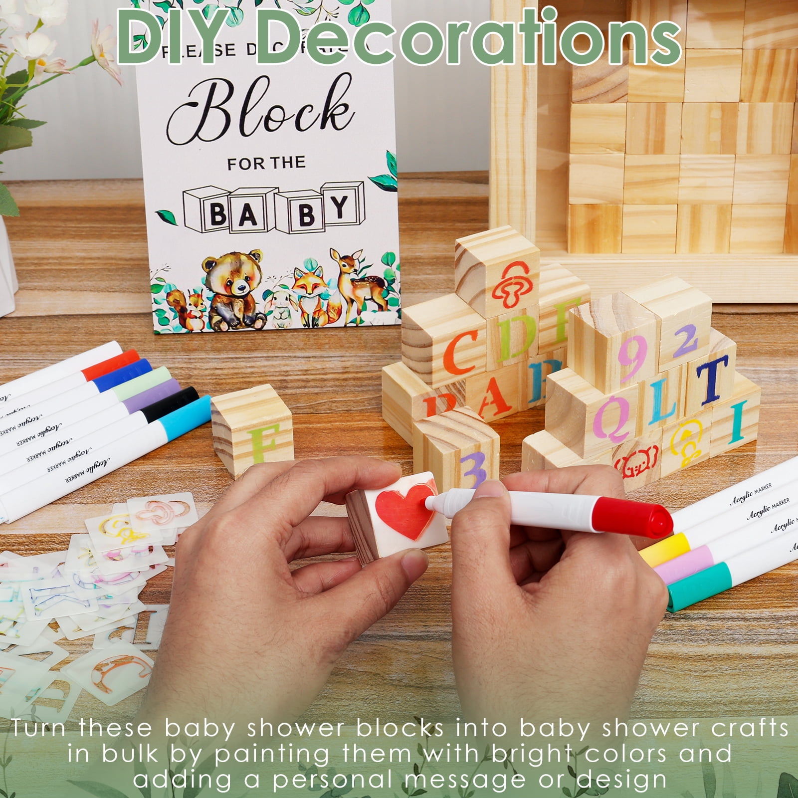 104Pcs Baby Shower Block Game Set Funny Baby Shower Games Sign Kit with 12 Marker 48 Wood Cube 42 Stencils Wood Sign for Party