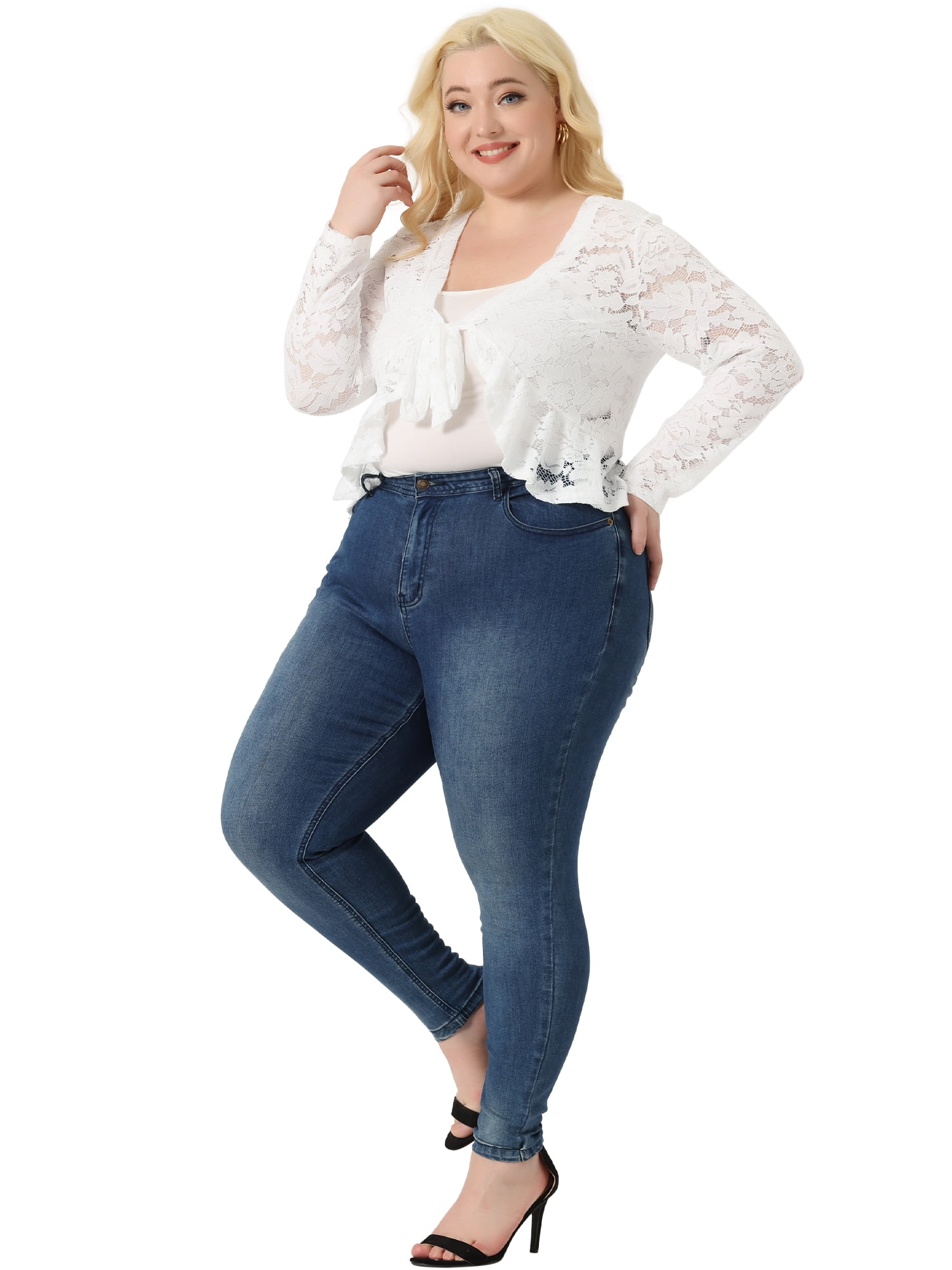 DARING DIVA Women's Plus Sheer Lace Shrug Bolero Crop Cardigans 1X White