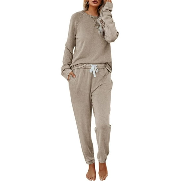 2 PCS Women's Long Sleeve Sweatsuit Set Crewneck Pullover & Drawstring Sweatpants Sport Outfits Sets