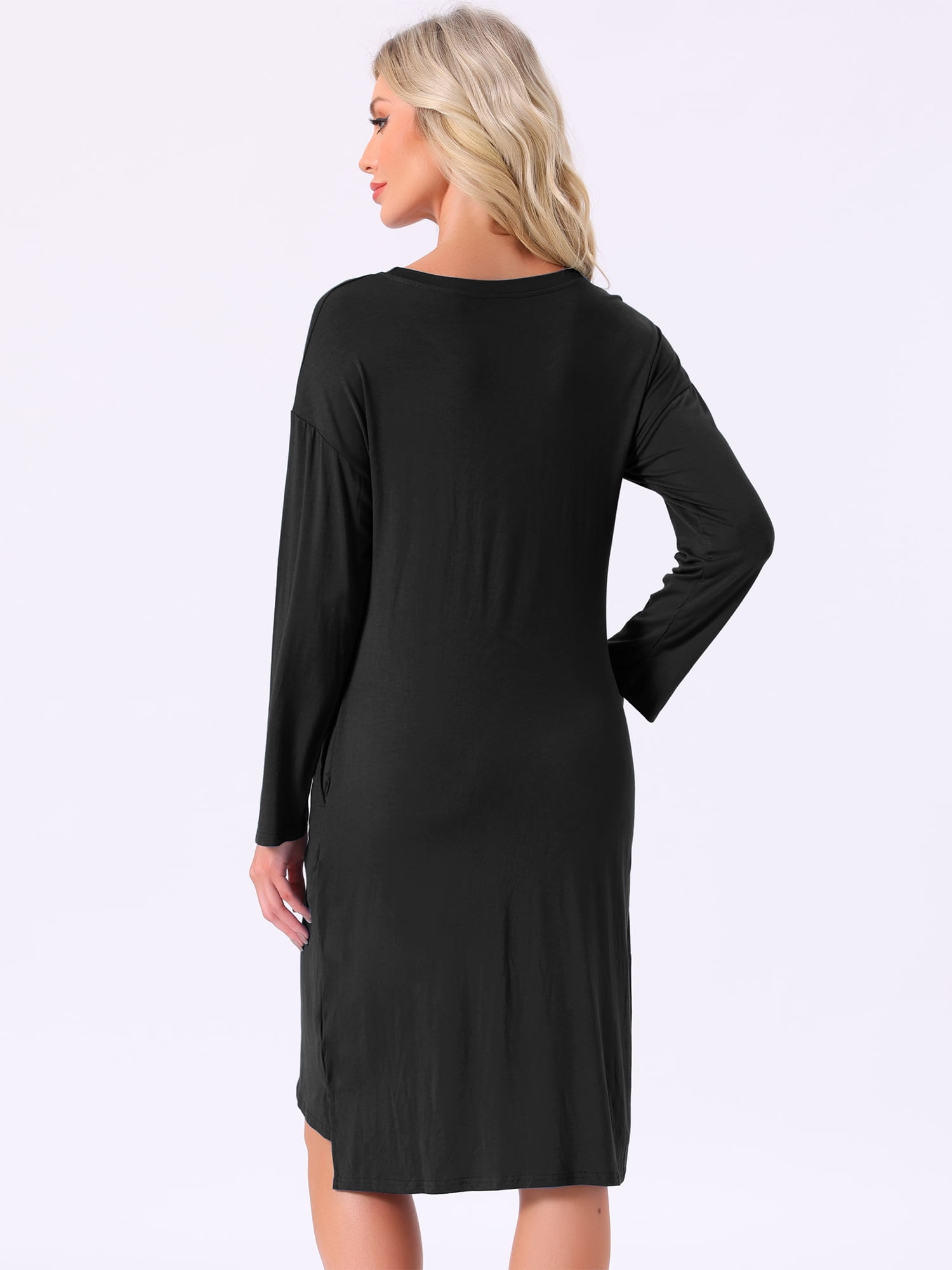 DARING DIVA Women's Long Sleeve High Low Hem Rayon Sleepdress with Pockets XL Black
