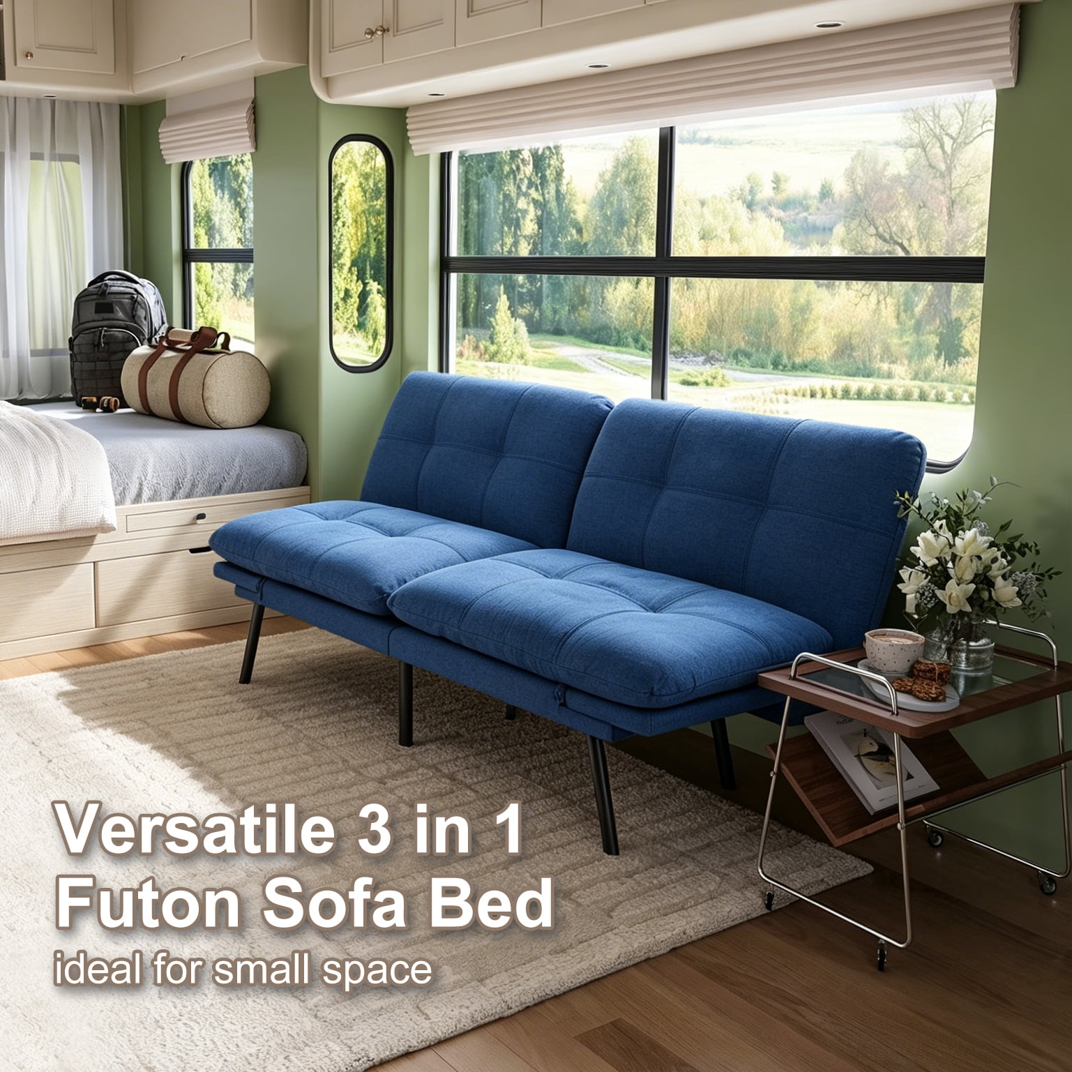 BSHTI 70.87" Convertible Futon Sofa Bed, Linen Fabric 2-Seater Sleeper Couch with 5-Level Adjustable Backrest & Armrests for Living Room, Office, Guest Room, Small Spaces