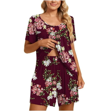 

Women’s Summer 2 Piece Outfits Casual Crew Neck Pleated Short Sleeve Tops High Waist Shorts Pajamas Sets Sleepwear Ladies Clothes