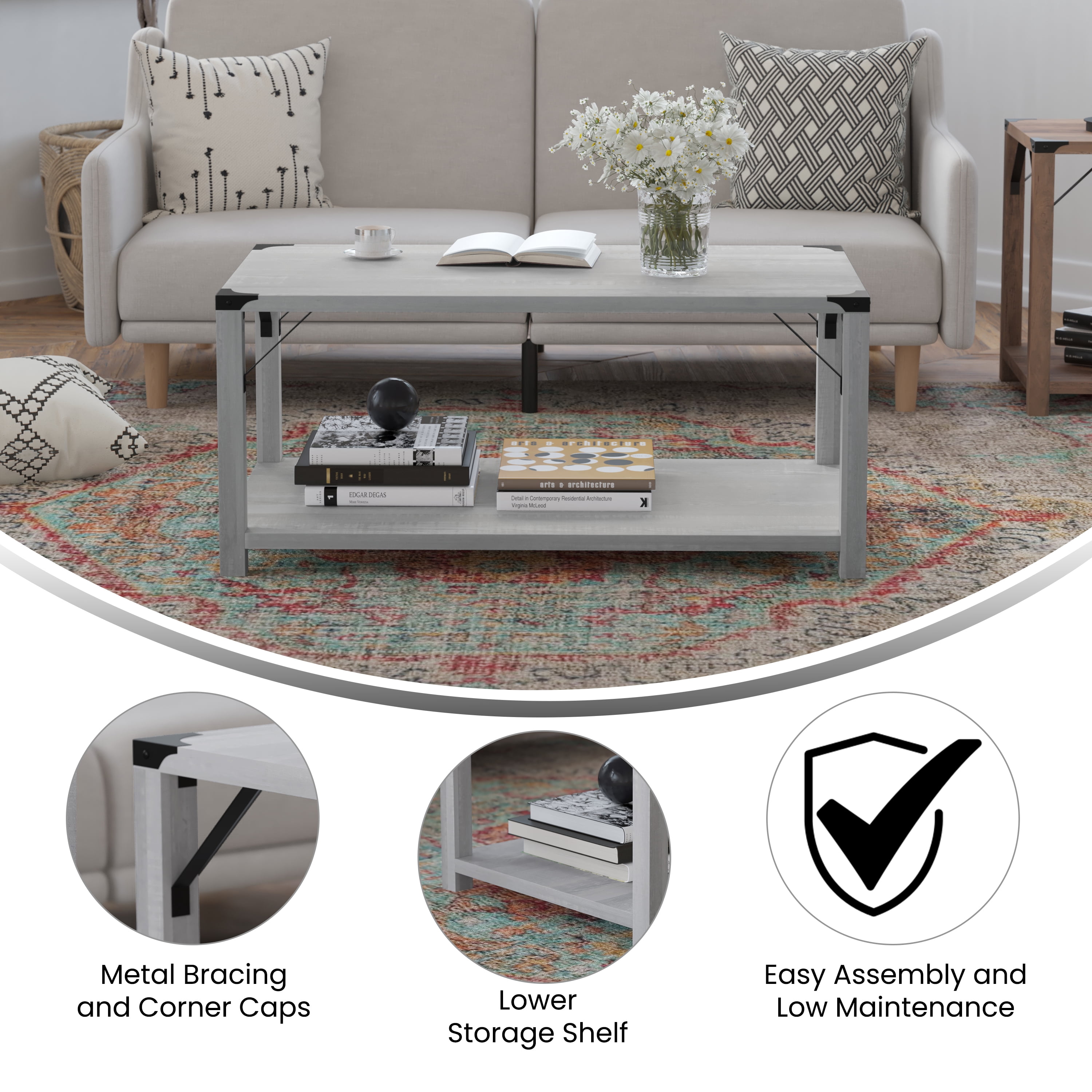 BizChair Modern Farmhouse Wooden 2 Tier Coffee Table with Black Metal Corner Accents and Cross Bracing, Aspen Gray