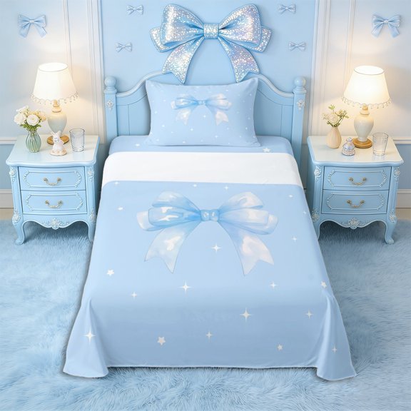 Erosebridal Teens Cute Watercolor Blue Bow Twin Sheet Sets 3pcs,Girls Kids Cartoon Stars Print Bow Knot Bedding,Ultra Soft Home Decor