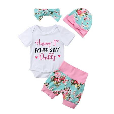 Happy 1st FATHEER'S DAY 4PCS Floral Outfits Newborn Baby Girl Romper Pants Hat Headband Clothes 0-6 Months