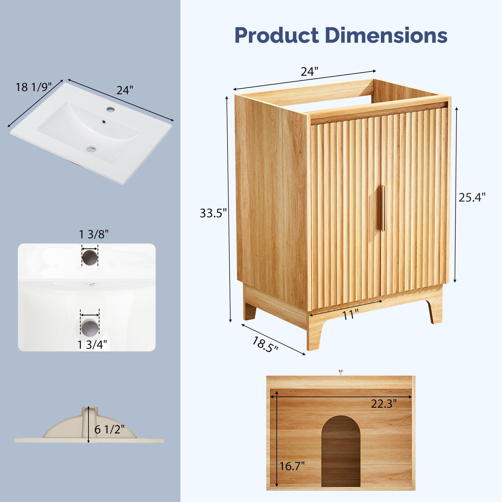 Ktaxon Fluted 24'' Bathroom Vanity Set with Sink Ceramic Top & U - shaped Shelf, Oak (Split Two Packages for Delivery)