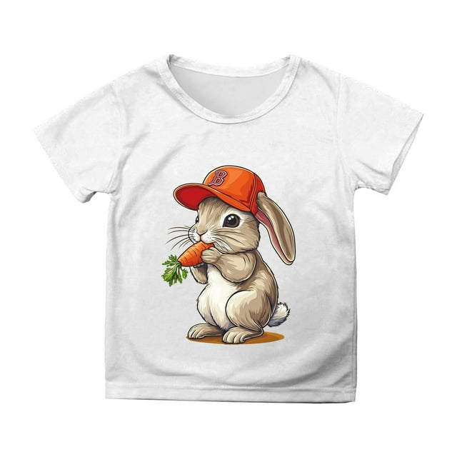 PMVFHDE Tenue de Pâques pour Filles T-Shirt Graphique de Pâques / Imprimé Lapin & Œuf Manches Courtes Col Rond / Tee-Shirt en Coton Doux pour Tout-Petit / Tenue Décontractée Printemps Été Blanc, 6-7 Ans