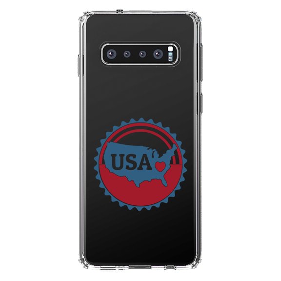 DistinctInk Clear Shockproof Hybrid Case for Samsung Galaxy S10  PLUS (6.4" Screen) - TPU Bumper Acrylic Back Tempered Glass Screen Protector - USA Heart Seal Red White & Blue