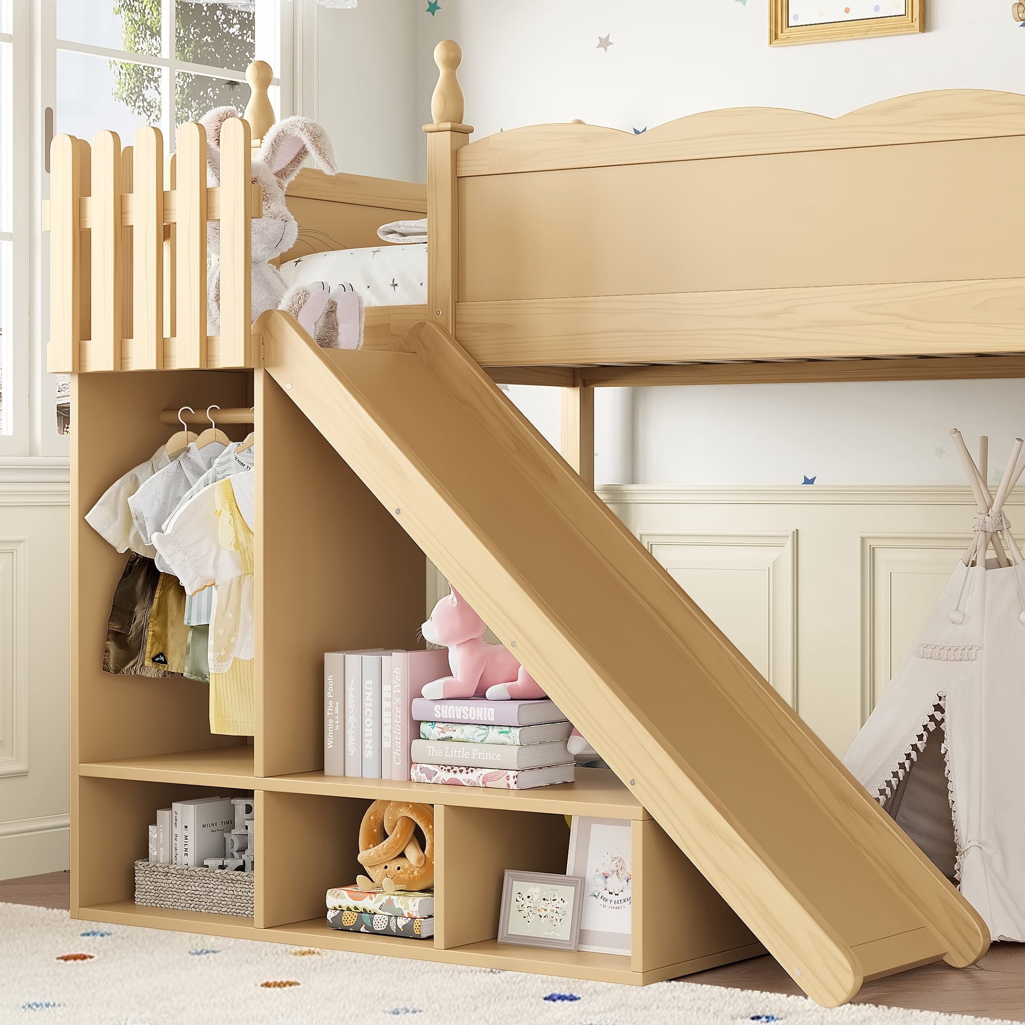 Leumius Twin Loft Bed Frame with Storage Shelves and Wardrobe, Solid Wood Loft Bed with Detachable Slide and Ladders for Kids Teens Adults Natural
