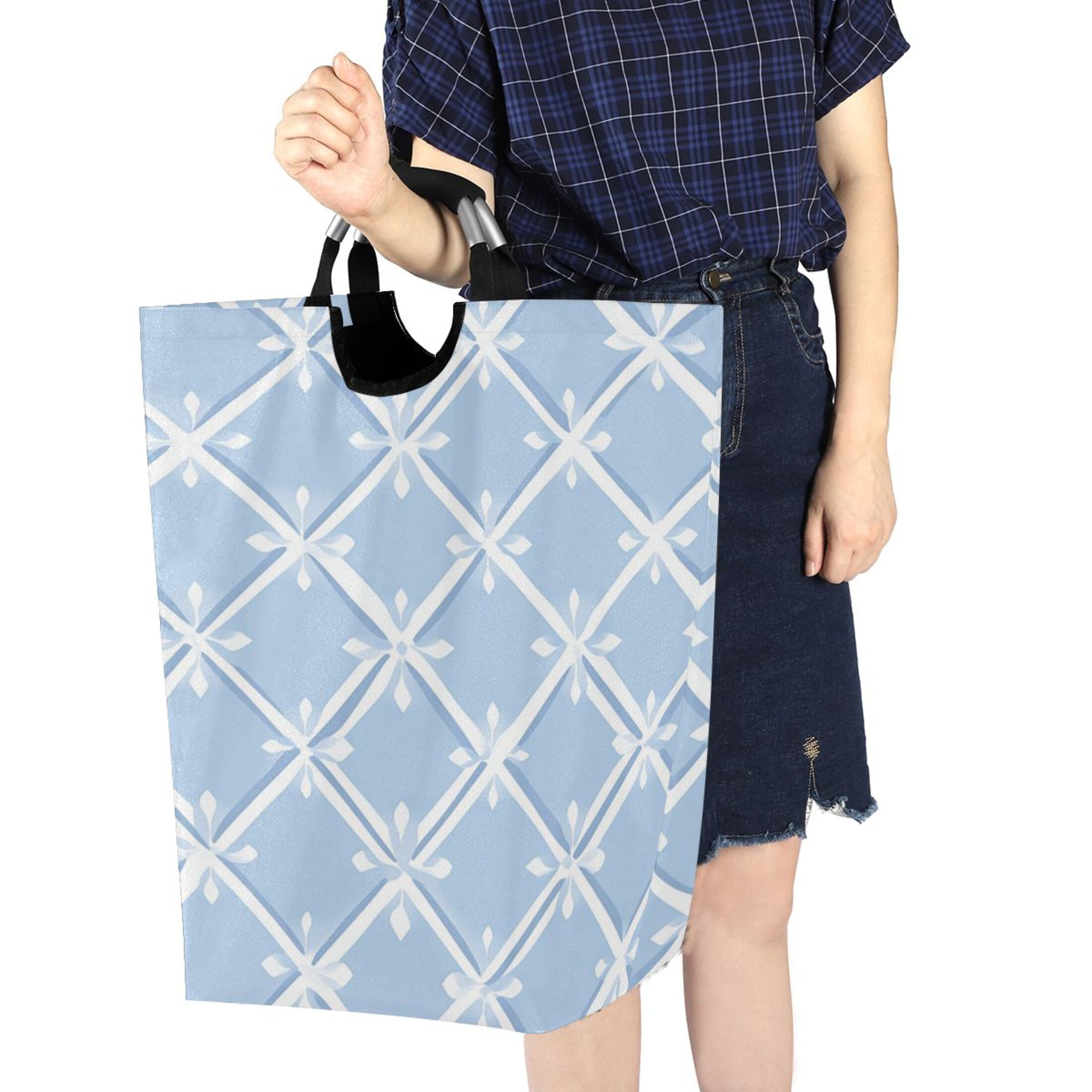 Light Blue Twill Checkerboard Laundry Basket with Handles Foldable Laundry Hamper Freestanding Washing Bin 50L
